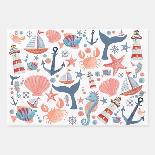 Nautical Beach Anchor Muscheln Segelboot Muster Geschenkpapier Set (Vorderseite)