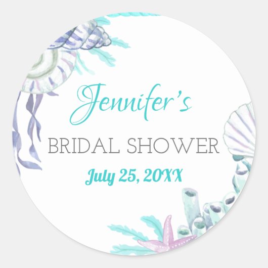 Nautical Beach Aqua Muschel Brautparty Aqua Runder Aufkleber (Vorderseite)