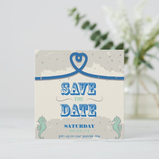 Nautical Beach Blue Heart Knot Save the Date (Stehend Vorderseite)
