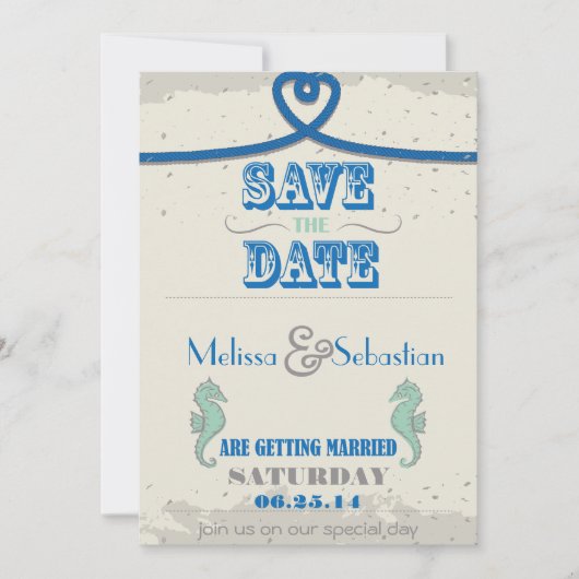 Nautical Beach Blue Heart Knot Save the Date (Vorderseite)