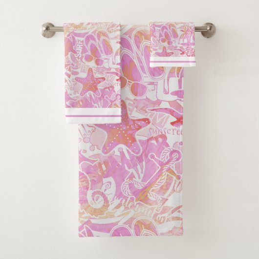 Nautical Beach Collage Hot Pink ID840 Badhandtuch Set (Insitu)