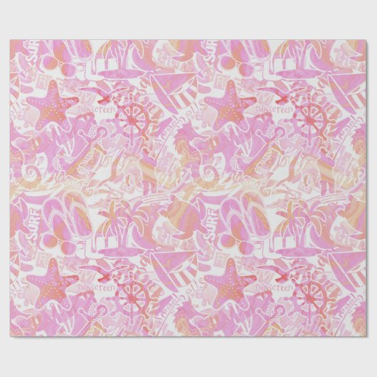 Nautical Beach Collage Hot Pink ID840 Geschenkpapier (Flach)