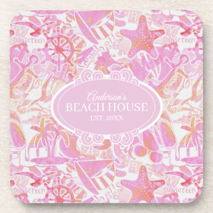 Nautical Beach Collage Hot Pink ID840 Getränkeuntersetzer