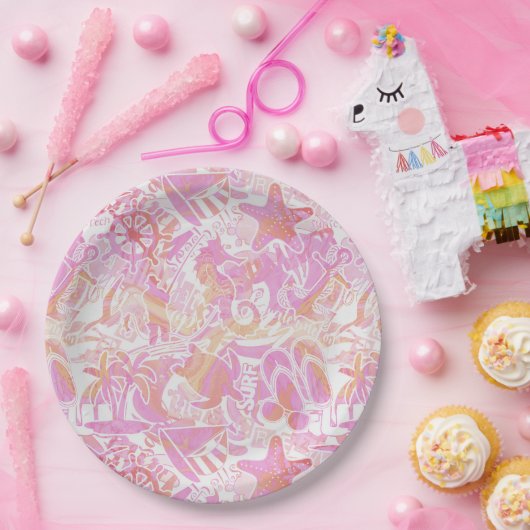 Nautical Beach Collage Hot Pink ID840 Pappteller (Party)