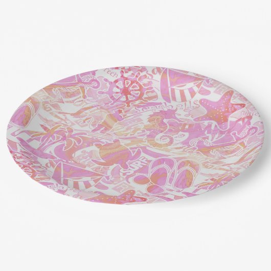 Nautical Beach Collage Hot Pink ID840 Pappteller (Schrägansicht)