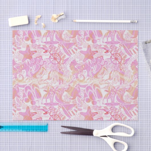 Nautical Beach Collage Hot Pink ID840 Seidenpapier (Handwerk)
