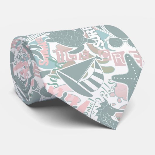 Nautical Beach Collage Sage ID840 Krawatte (Gerollt)