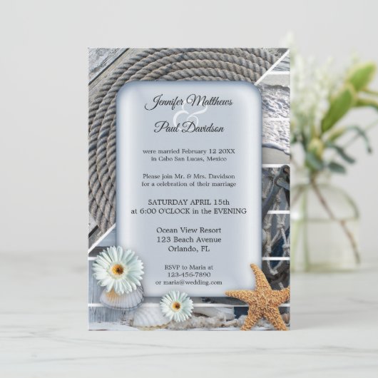 Nautical Beach Dusty Blue Post Hochzeit Einladung (Stehend Vorderseite)