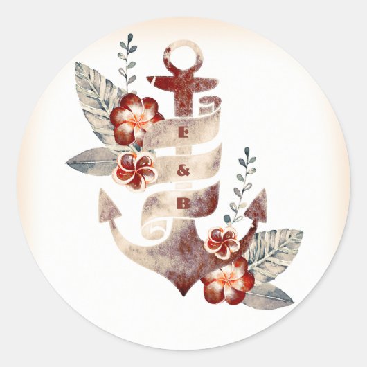 Nautical Beach Floral Anchor Wedding Siegel Runder Aufkleber (Vorderseite)
