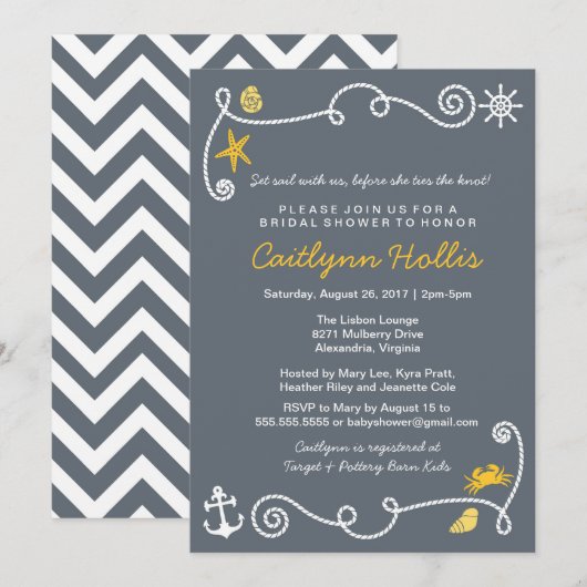 Nautical Beach Gray & Yellow Bridal oder Babydusch Einladung (Vorne/Hinten)