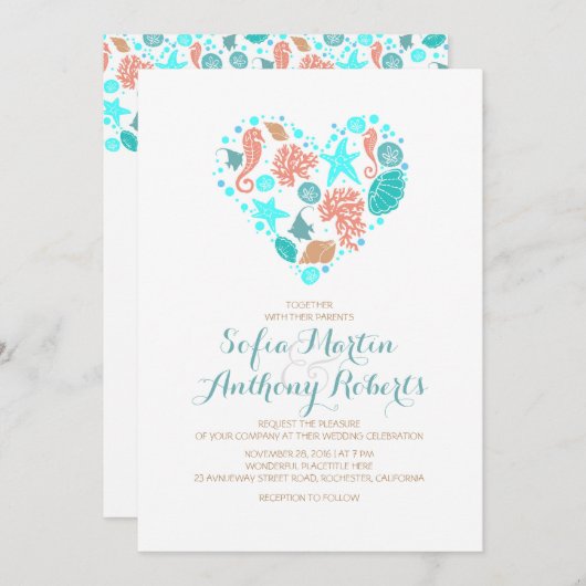 Nautical Beach Heart - Hochzeitsfeiern im Ozean Einladung (Vorne/Hinten)