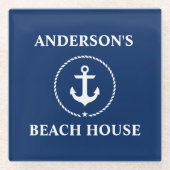 Nautical Beach House Familienname Anchor Navy Blue Glasuntersetzer (Vorderseite)