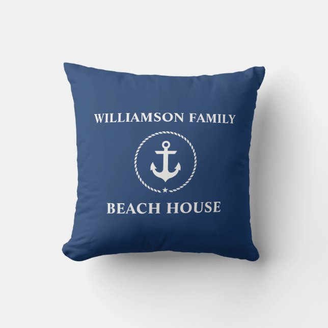 Nautical Beach House Familienname Anchor Navy Blue Kissen (Vorderseite)