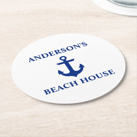 Nautical Beach House Familienname Anchor Runder Pappuntersetzer (Angewinkelt)