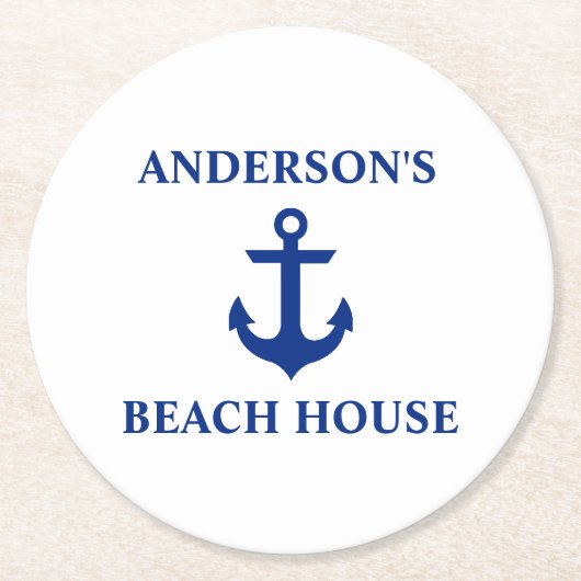 Nautical Beach House Familienname Anchor Runder Pappuntersetzer (Vorderseite)