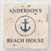 Nautical Beach House Familienname Anchor Travertin Steinuntersetzer (Vorderseite)