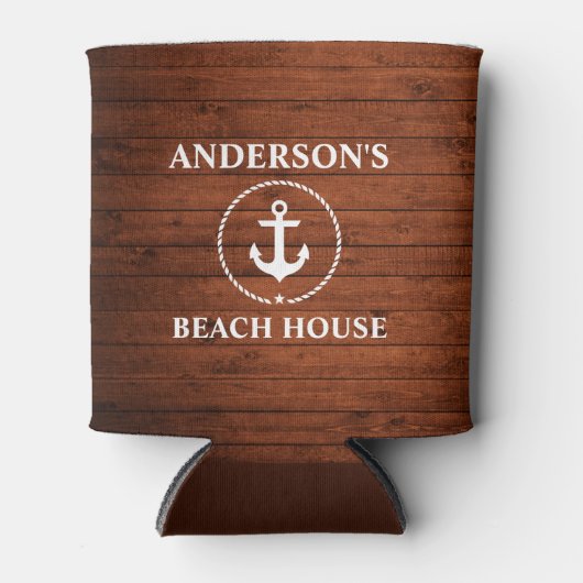 Nautical Beach House Familienname Anchor Wood Dosenkühler (Vorderseite)