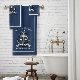 Nautical Beach House Familienname Est Ship Anchor Badhandtuch Set
