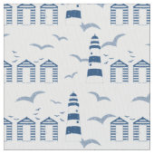 Nautical Beach Huts und Lighthouses Blue White Stoff (Nahaufnahme)