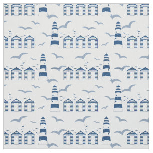 Nautical Beach Huts und Lighthouses Blue White Stoff