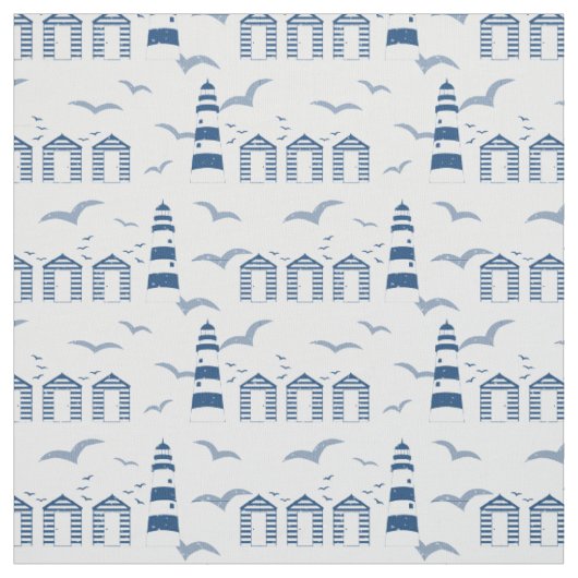 Nautical Beach Huts und Lighthouses Blue White Stoff (Muster)