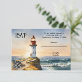 Nautical Beach Lighthouse Wedding RSVP Card Karte (Stehend Vorderseite)