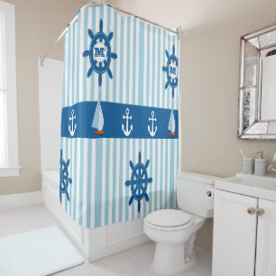 Nautical Beach Monogram Anker Blauer Streifen Duschvorhang
