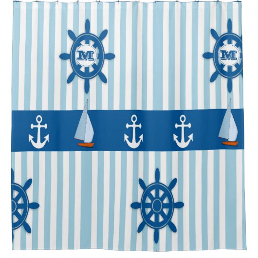 Nautical Beach Monogram Anker Blauer Streifen Duschvorhang (Vorderseite)