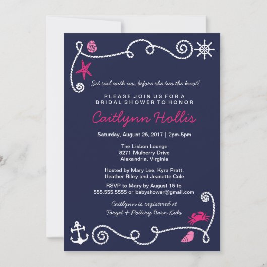 Nautical Beach Navy und Pink Bridal oder Babydusch Einladung (Vorderseite)