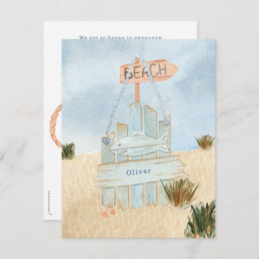 Nautical Beach Ocean Lifebuoy Birth Announcement Mitteilungskarte (Vorne/Hinten)