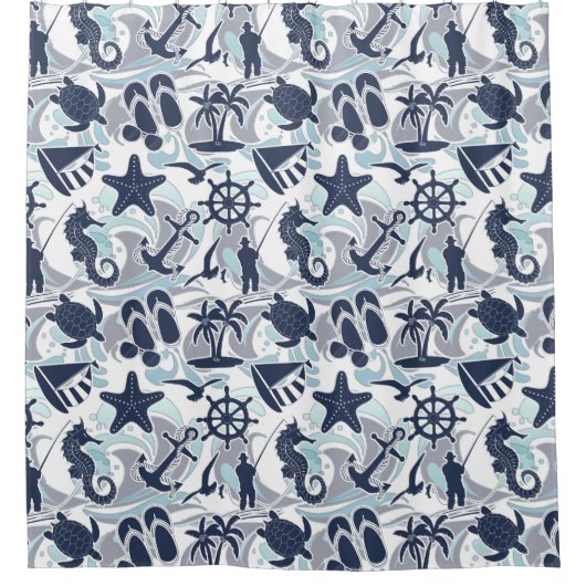 Nautical Beach Pattern Navy ID839 Duschvorhang (Vorderseite)