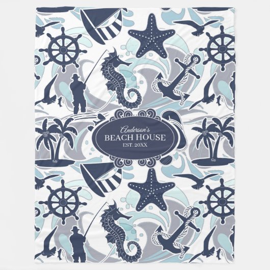 Nautical Beach Pattern Navy ID839 Fleecedecke (Vorderseite)