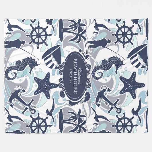 Nautical Beach Pattern Navy ID839 Fleecedecke (Vorderseite (Horizontal))