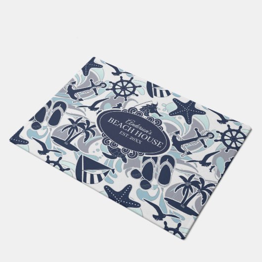 Nautical Beach Pattern Navy ID839 Fußmatte (Schrägansicht)