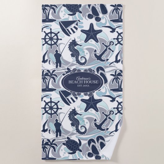 Nautical Beach Pattern Navy ID839 Strandtuch (Vorderseite)