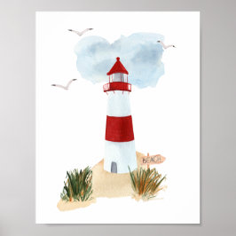 Nautical Beach Red And White Lighthouse Nursery Poster