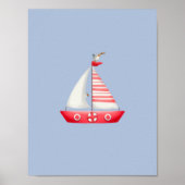 Nautical Beach Red Sailboat With Seagulls Nursery Poster (Vorne)
