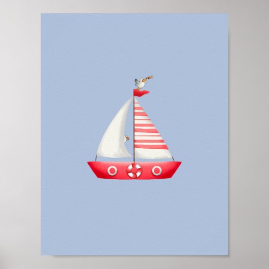 Nautical Beach Red Sailboat With Seagulls Nursery Poster (Vorne)
