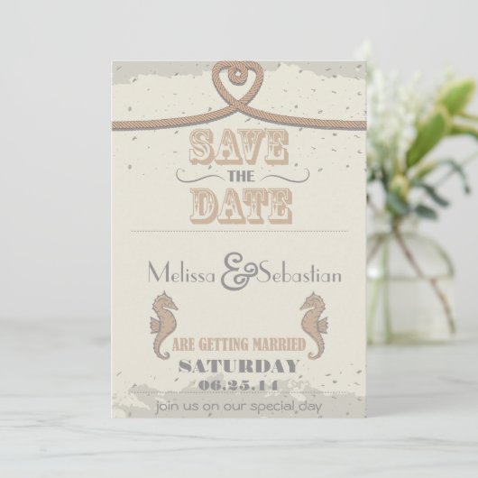 Nautical Beach Sand Herzknot Save the Date (Stehend Vorderseite)