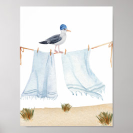 Nautical Beach Seagull With A Hat Laundry Nursery Poster