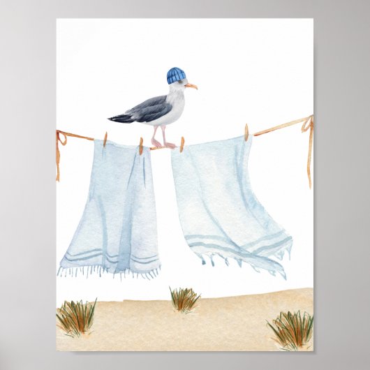 Nautical Beach Seagull With A Hat Laundry Nursery Poster (Vorne)