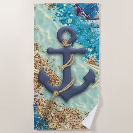 Nautical Beach Towel with Blue Anchor Strandtuch (Vorderseite)
