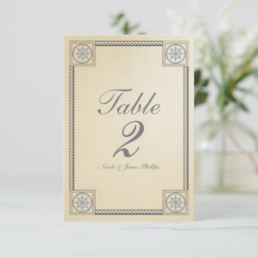Nautical Beach Vintage Wedding Tischnummer Card (Stehend Vorderseite)