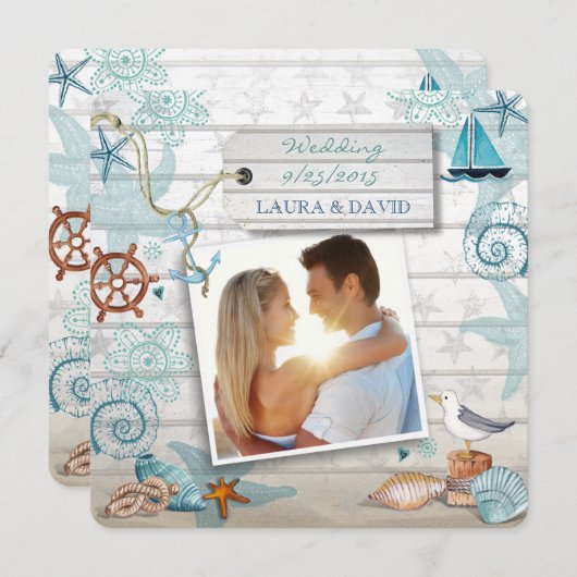 Nautical Beach Wedding Einladungs-Foto Einladung (Vorne/Hinten)
