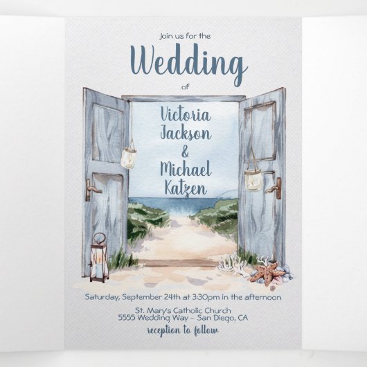 Nautical Beach Wedding Tri-Fold Einladung (Innenseite Mitte)