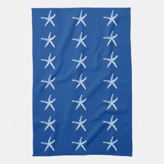 Nautical Beach White Starfish Patterns Deep Blue Geschirrtuch (Vertikal)