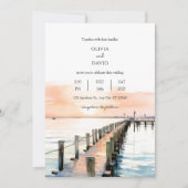 Nautical Beachside Orange Sky Sunset Pier Wedding Einladung (Vorderseite)