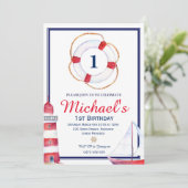 Nautical Birthday Einladung Navy Blue Sail einlade (Stehend Vorderseite)