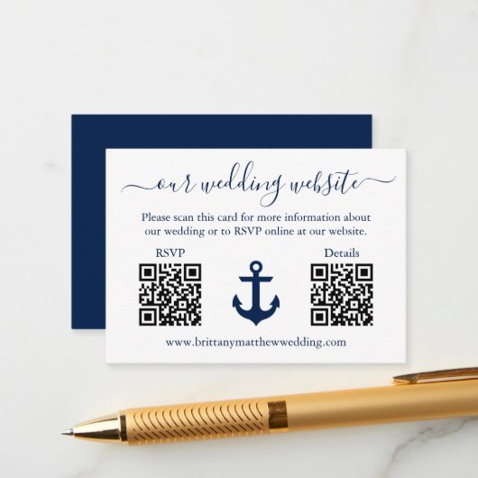 Nautical Blue Anchor 2 QR UAWG Details Hochzeit Begleitkarte (Vorderseite/Rückseite Beispiel)