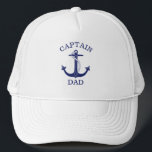 Nautical Blue Anchor Captain Dad Truckerkappe<br><div class="desc">Captain Dad reads the text on this nautical themed hat featuring a navy blue anchor with rope. Perfekt for sea loving dads on Father's Day,  birthdays and other special chance.</div>